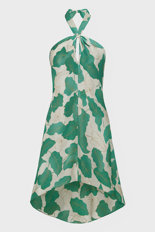 COROSOL Gatsby halter mini dress in silk twill with green foliage print