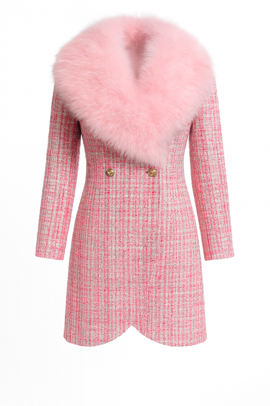 DINARA tulip dress coat in pastel pink tweed with feather collar