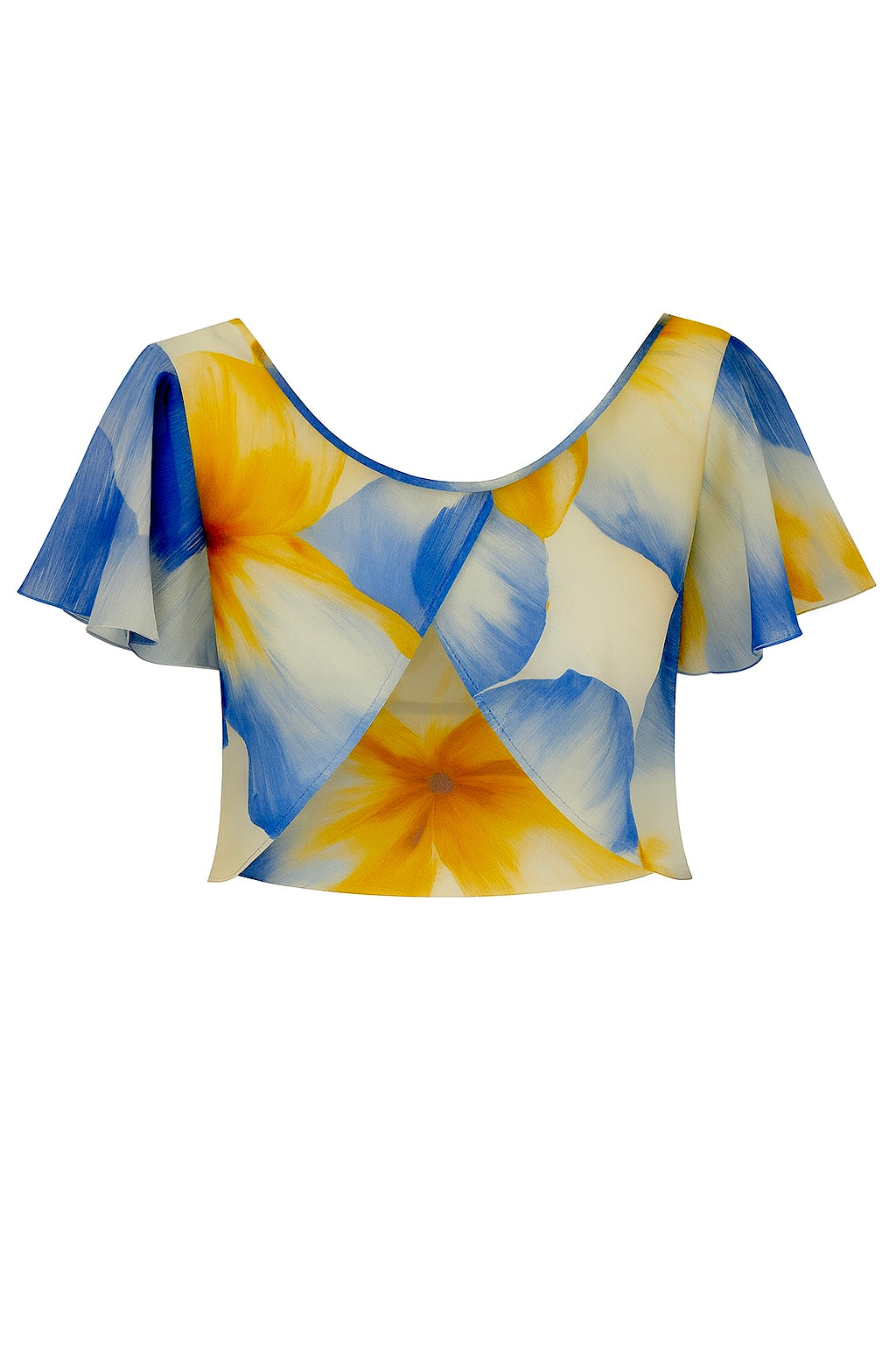 DONNA crop top in silk georgette with "Peonie" floral print, flutter sleeves, and tulip cut