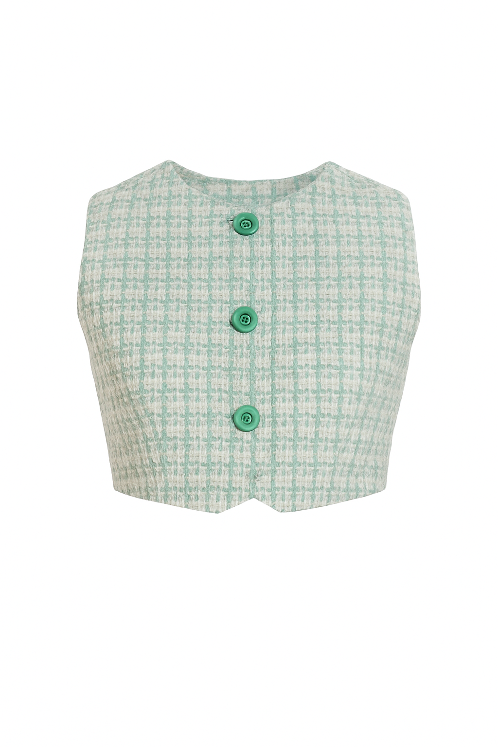 FILLETE aqua tweed sleeveless gilet with silk satin lining and aqua mother-of-pearl buttons