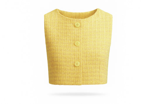 FILLETTE yellow tweed gilet with silk satin lining and yellow mother-of-pearl buttons