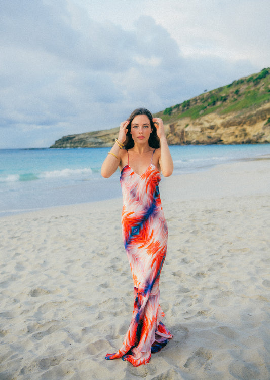FLAMAND long silk satin dress with "Flamingo" print and flounced hem