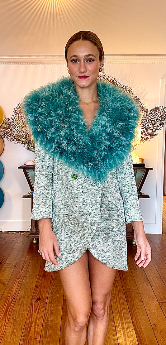 DINARA – Tulip Dress Coat in Multicolor Tweed with Duck-Green Feather Collar