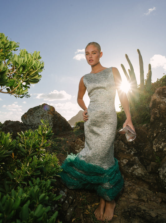 LUGANO – Long Green Tweed Dress with Duck-Green Feather Hem