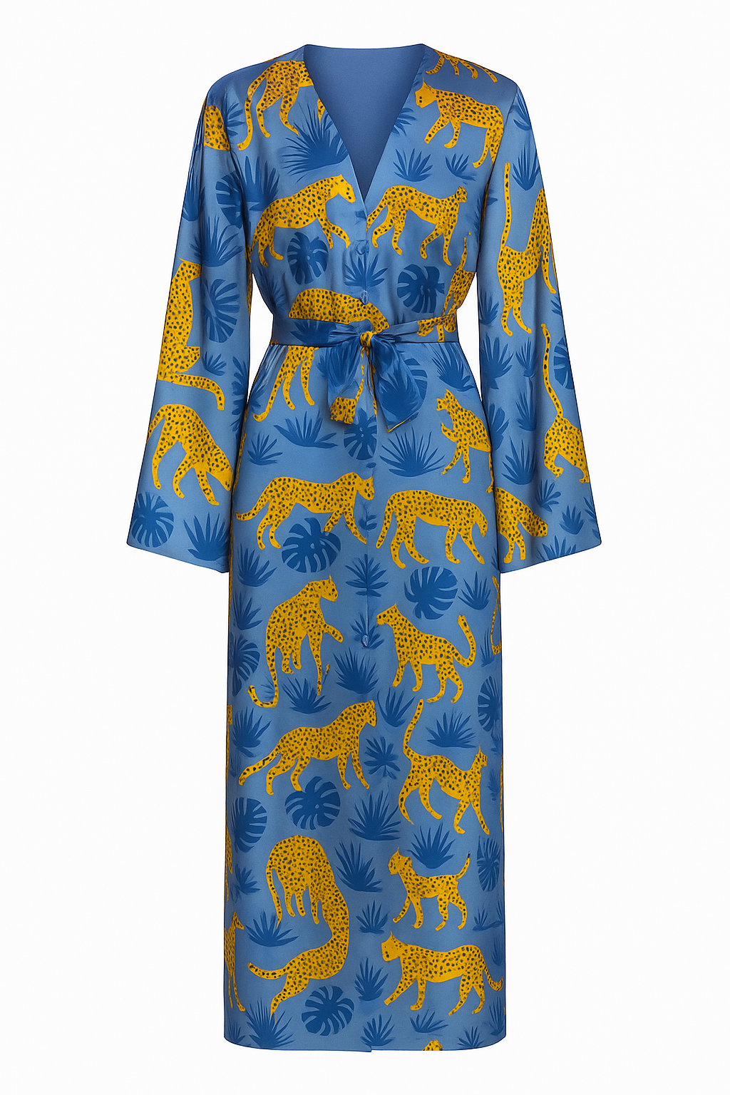 IMMORTELLE silk twill kimono dress in "Static" print with covered buttons