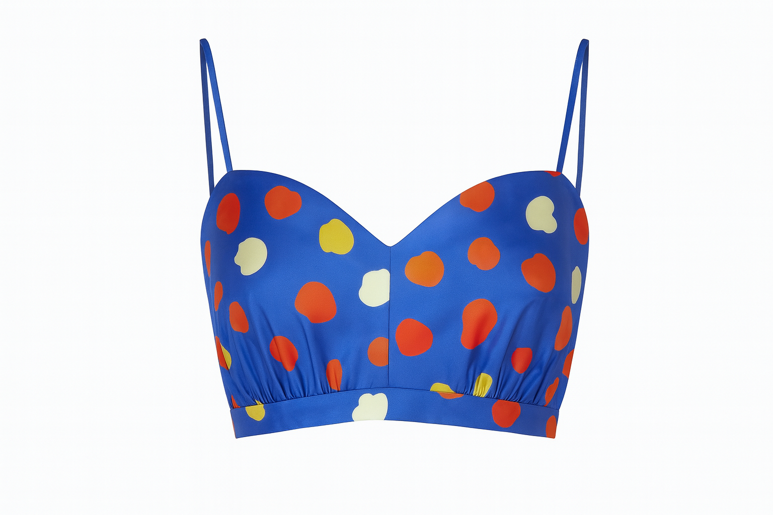 JANE silk twill cropped top with “Crush” multicolor print on cobalt blue