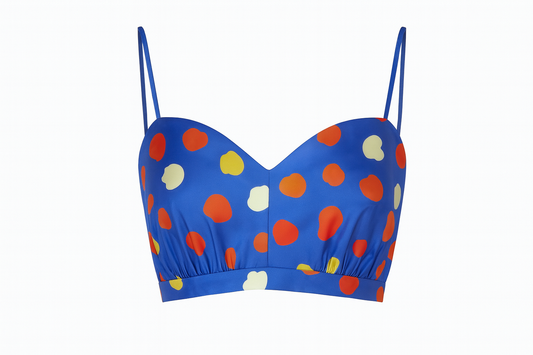 JANE silk twill cropped top with “Crush” multicolor print on cobalt blue