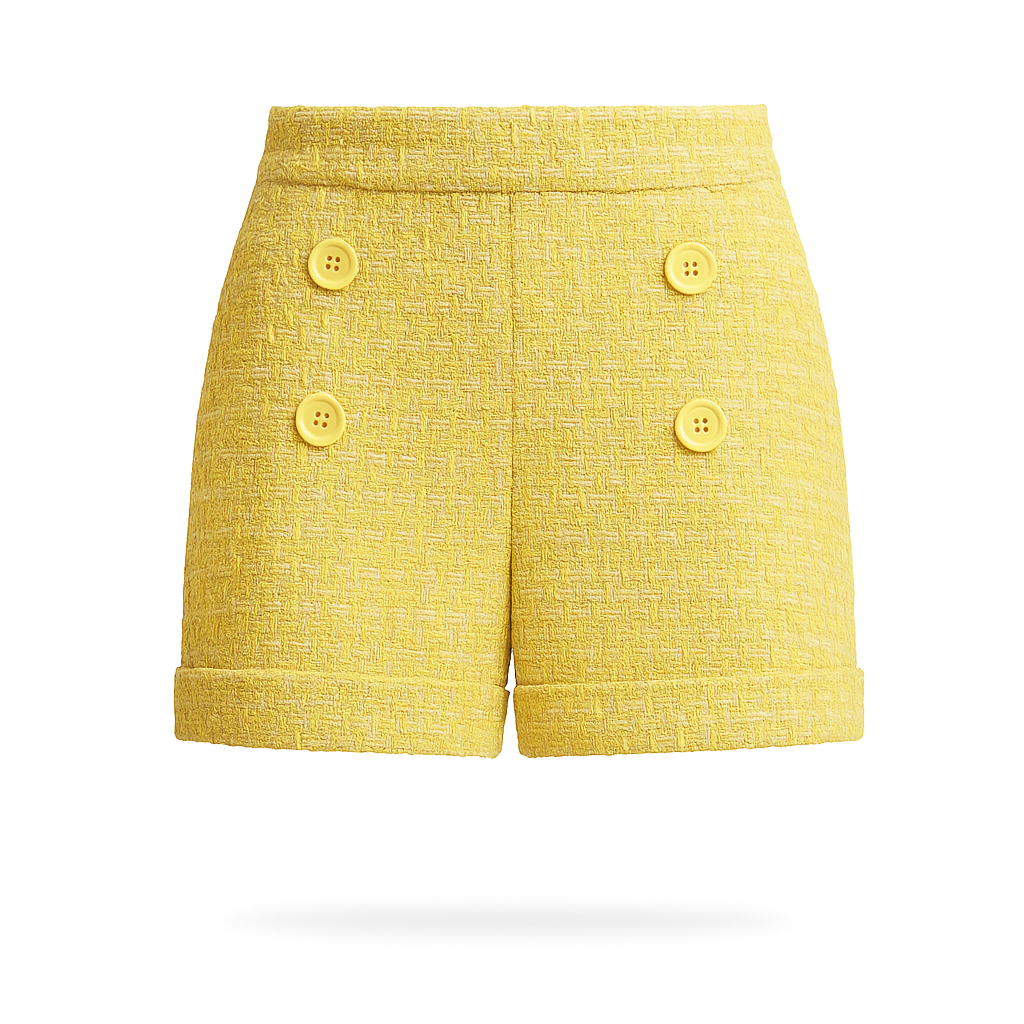 LOLITA yellow tweed shorts with silk satin lining and yellow mother-of-pearl buttons