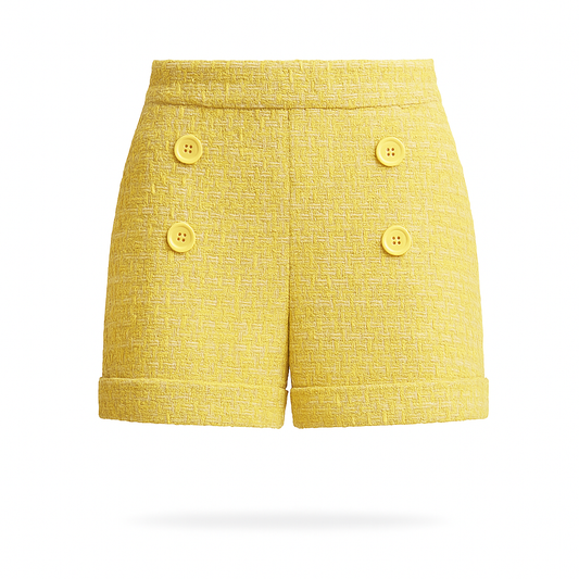 LOLITA yellow tweed shorts with silk satin lining and yellow mother-of-pearl buttons