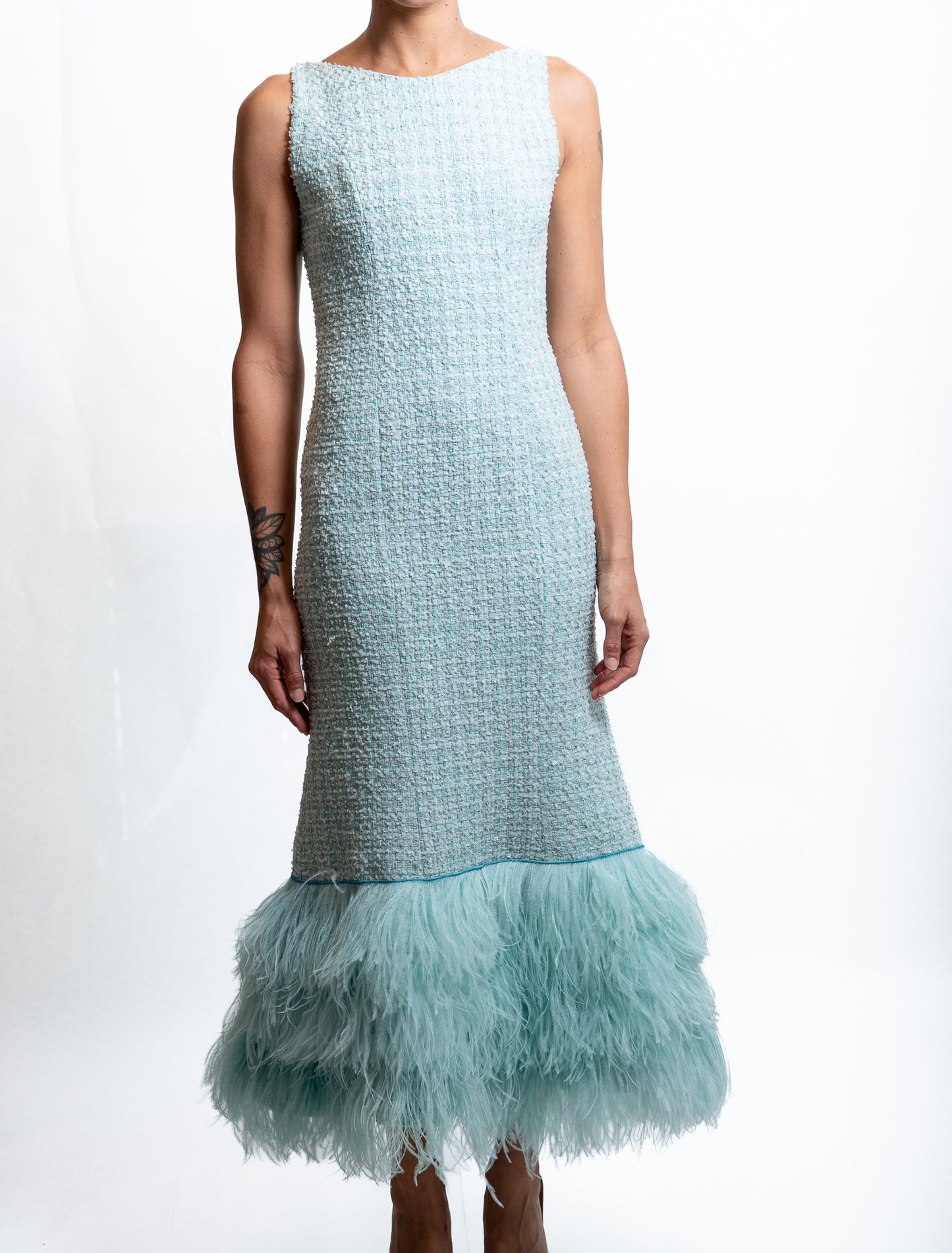 LUGANO aqua tweed long dress with ostrich feathers