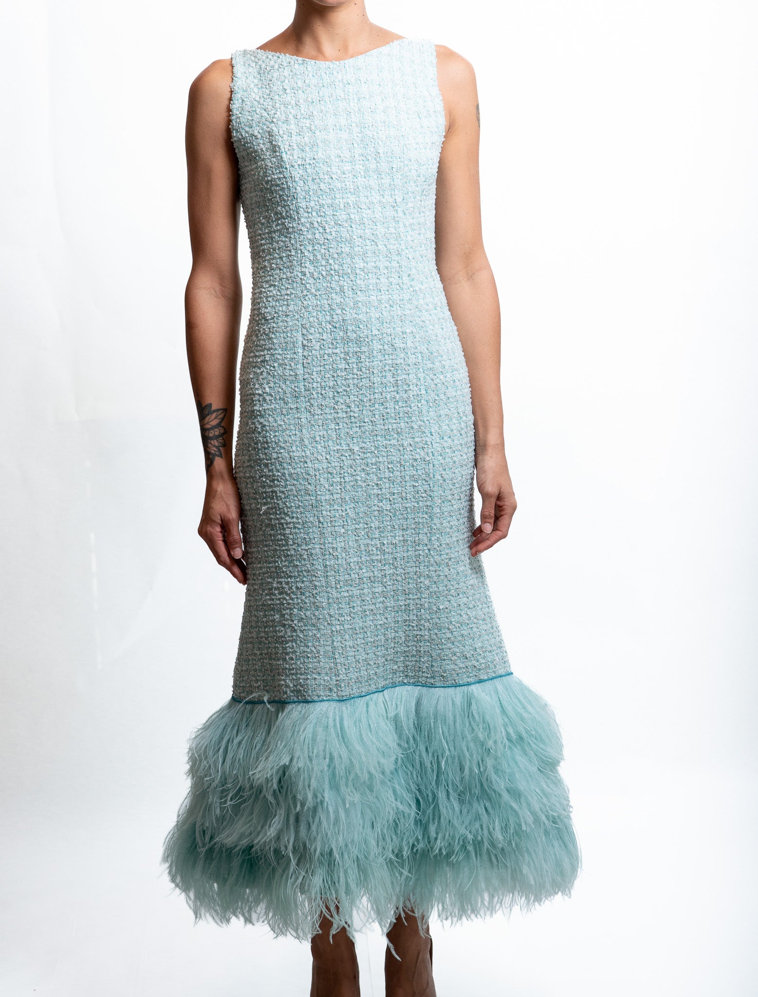 LUGANO aqua tweed long dress with ostrich feathers