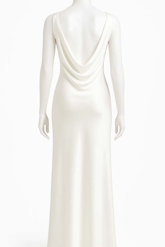 L’ANNO White – silk satin stretch maxi dress, open back and slit