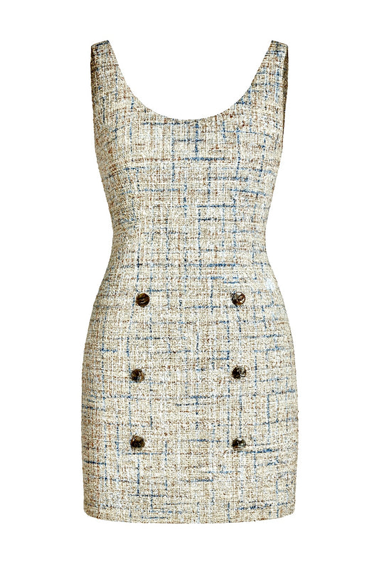 MADELAINE cream tweed mini dress with mother-of-pearl buttons