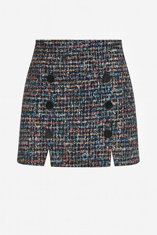 MONTAIGNE black mini skirt in multicolor tweed, genuine black mother-of-pearl buttons