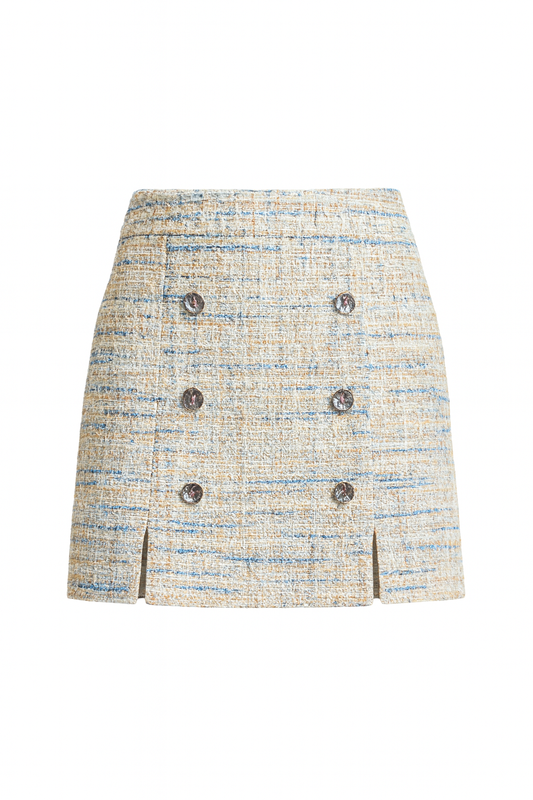 MONTAIGNE cream mini skirt in multicolor tweed with mother-of-pearl buttons