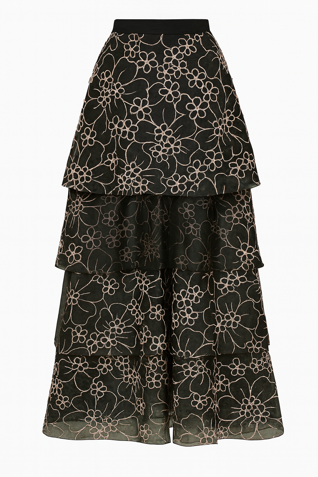REGATTA black silk organza skirt with antique rose embroidery