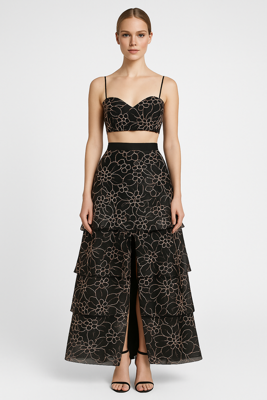 REGATTA – Black Silk Organza Skirt with Antique Rose Embroidery