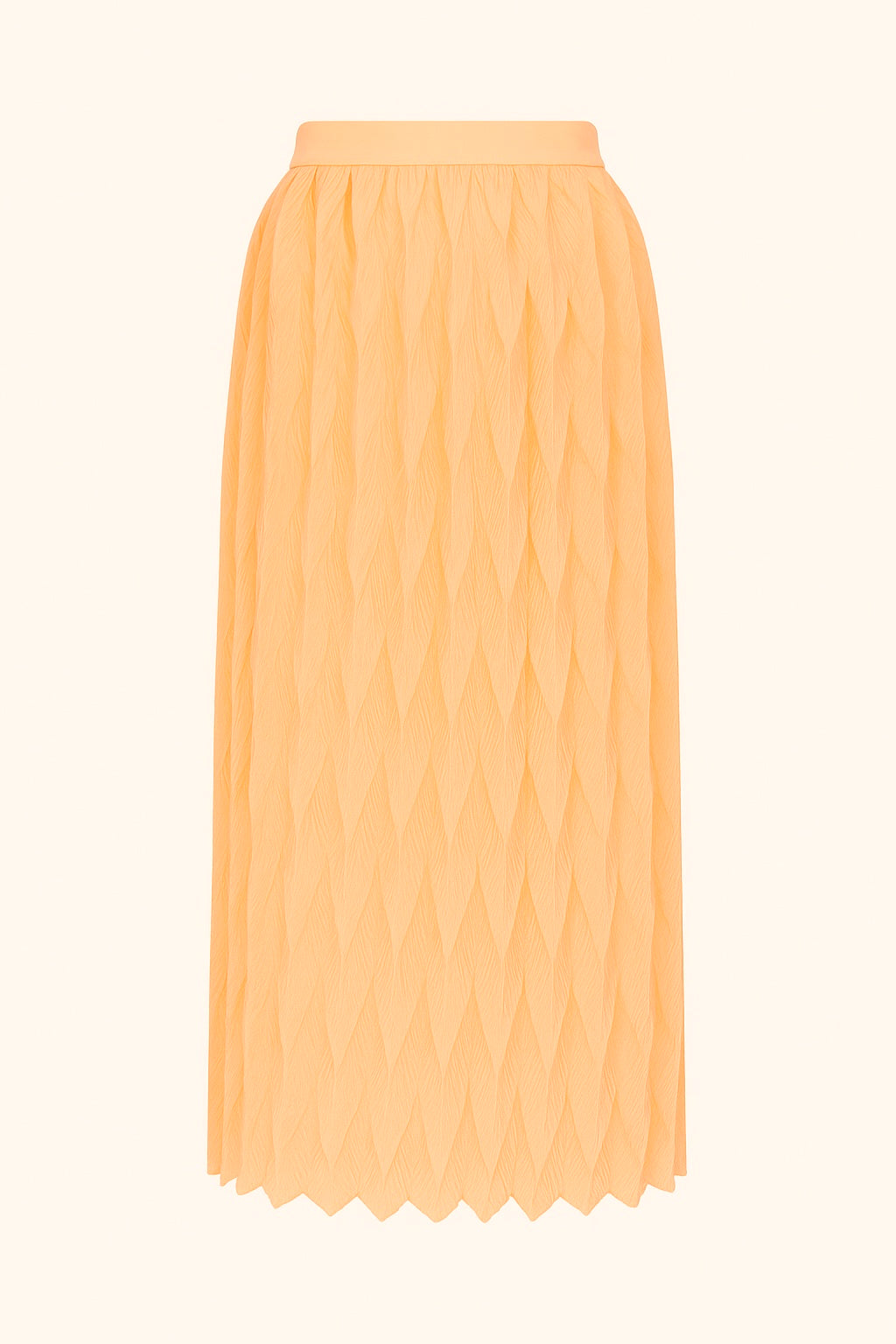 SCALA midi skirt in peach Como silk georgette, hand-pleated leaf motif — front view