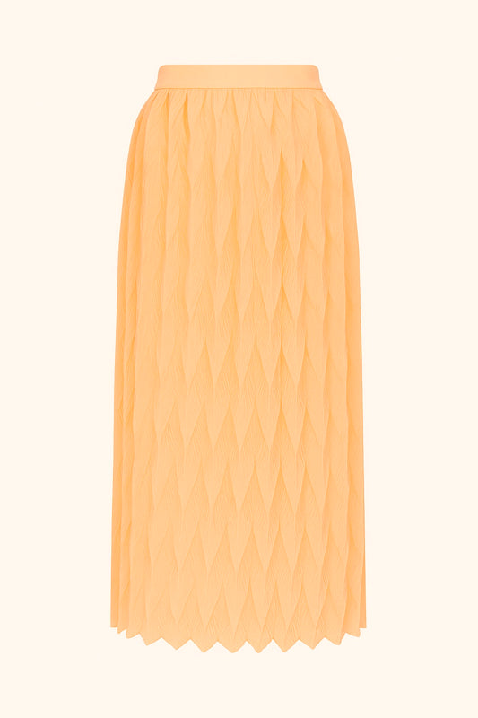 SCALA midi skirt in peach Como silk georgette, hand-pleated leaf motif — front view
