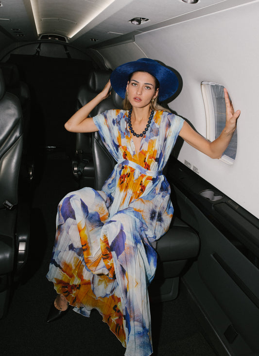 long dress, pleated silk dress, georgette gown, Poésie print, Italian couture, luxury resort wear, Made in Italy
