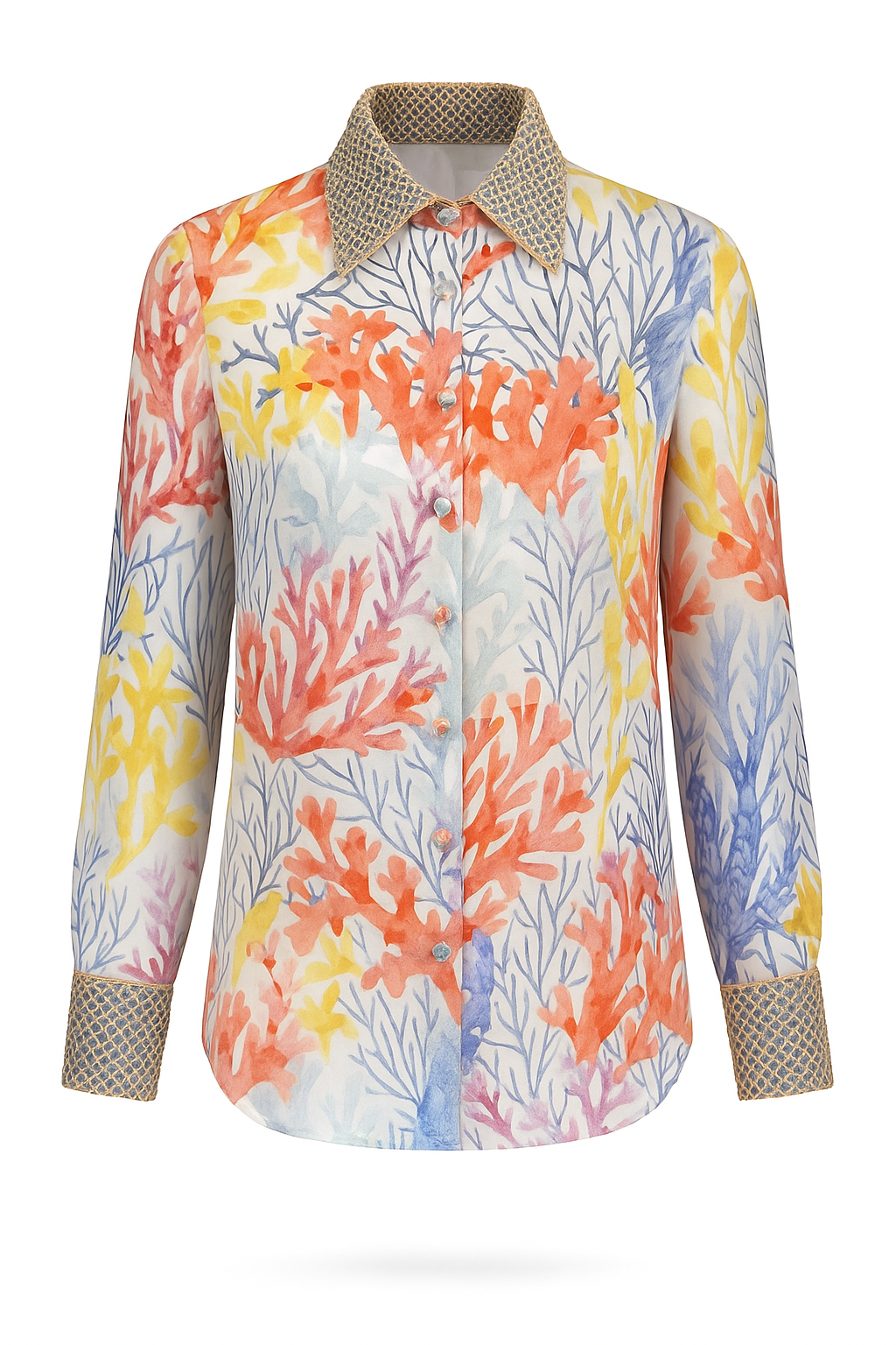 TAMARIN stretch silk satin blouse with Oceanus coral print – front view