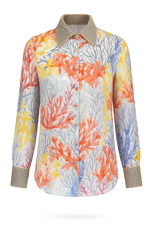TAMARIN stretch silk satin blouse with Oceanus coral print – front view