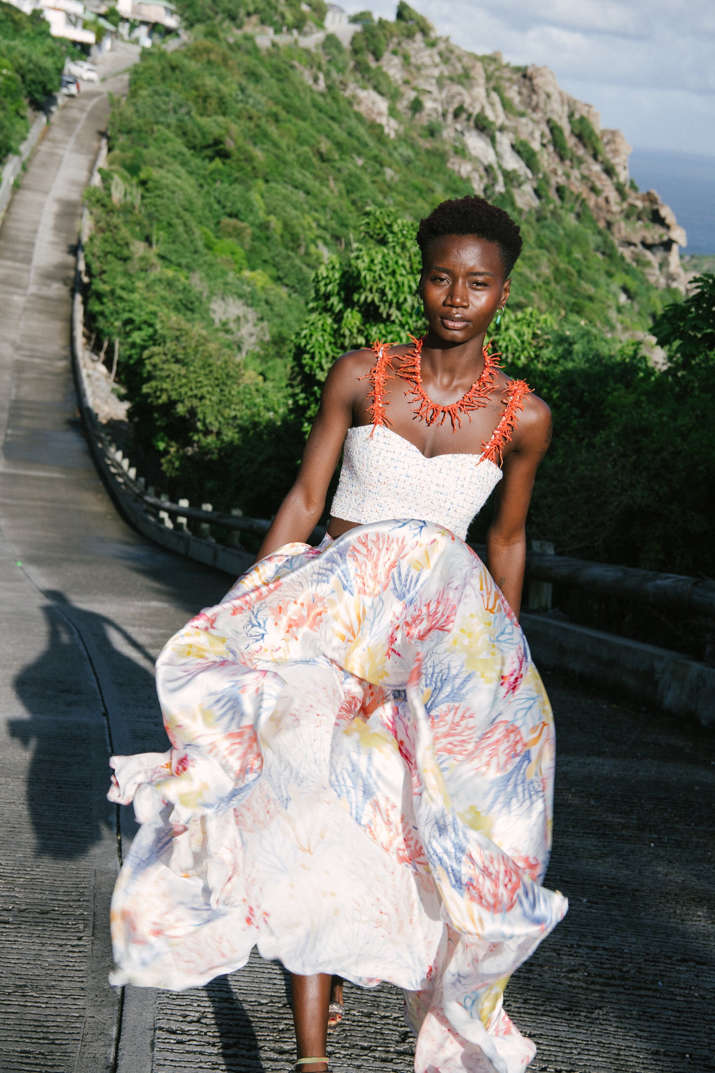 ANDROS – Long Silk Satin Skirt with "Oceanus" Coral Print