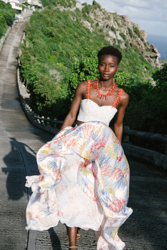 ANDROS – Long Silk Satin Skirt with "Oceanus" Coral Print